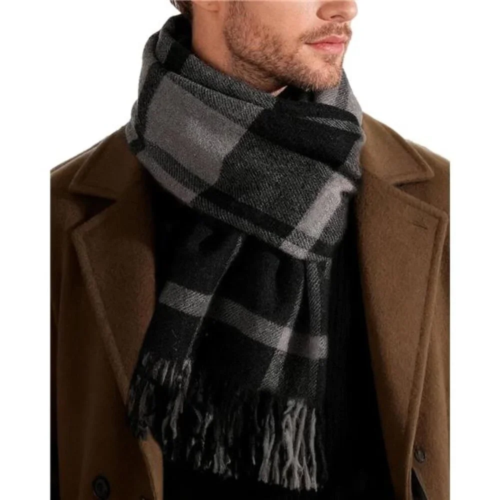 Men's Winter Scarf Long Soft Warm Scarves Plaid Tassel Scarf
